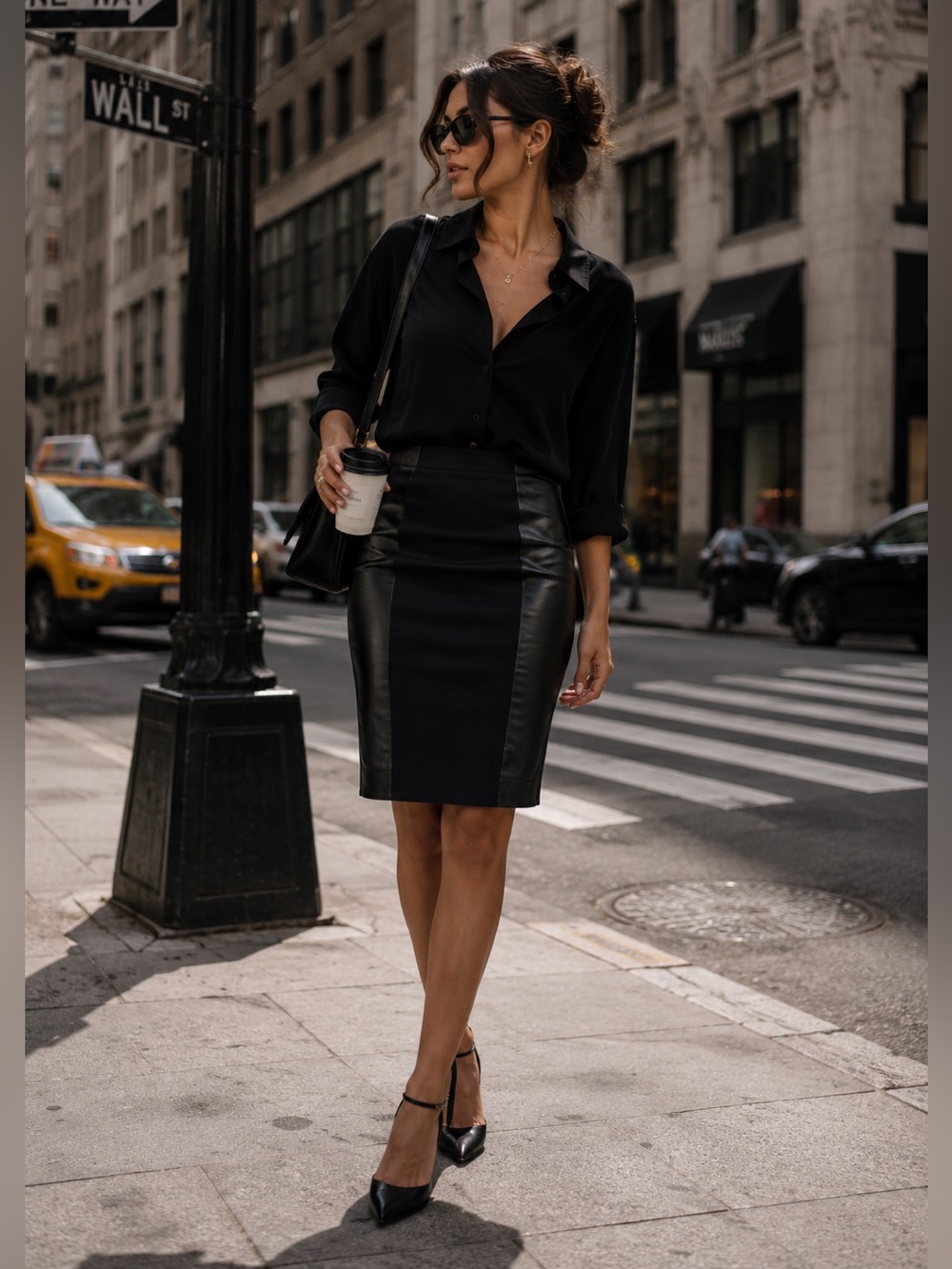 Classiques Entier Pencil Skirt Black Knit & Leather Panel Knee Length Size 2